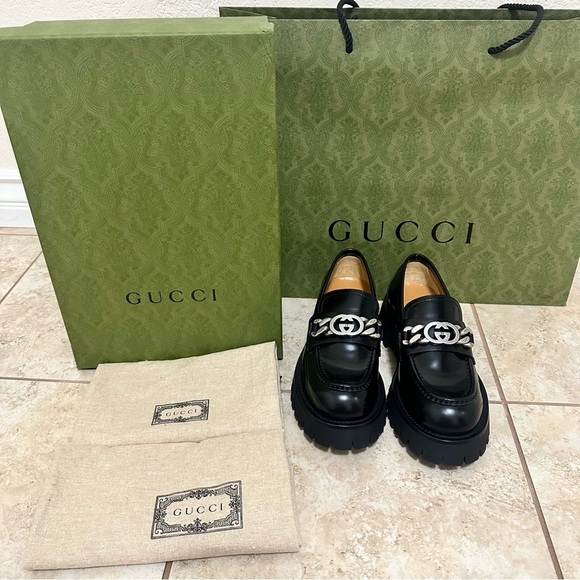 New authentic Gucci Interlocking G-chain leather loafers size 37.5 - Picture 7 of 10